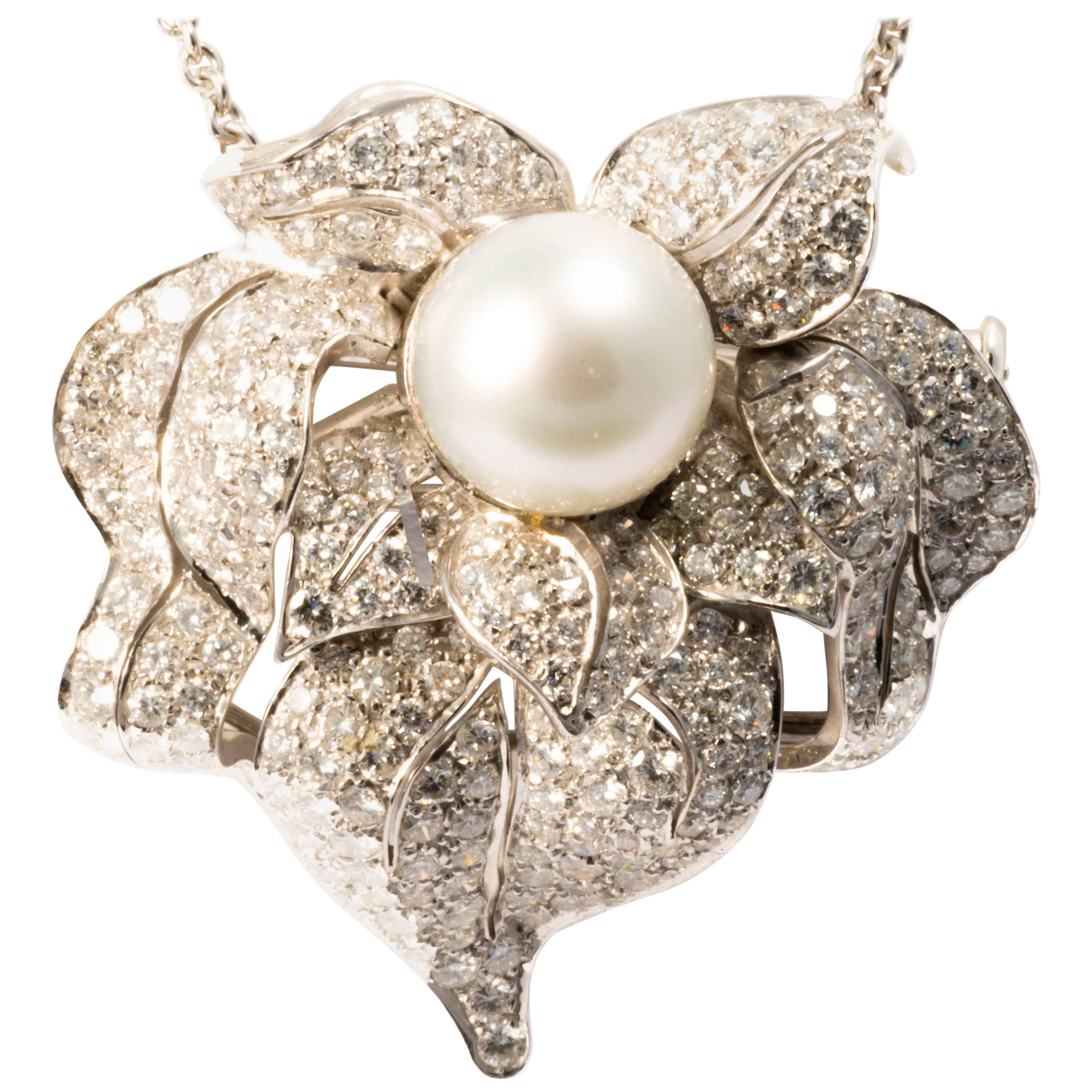 Ansuini Diamonds and Pearl 18K White Gold Evening Pendant Necklace and Pin For Sale