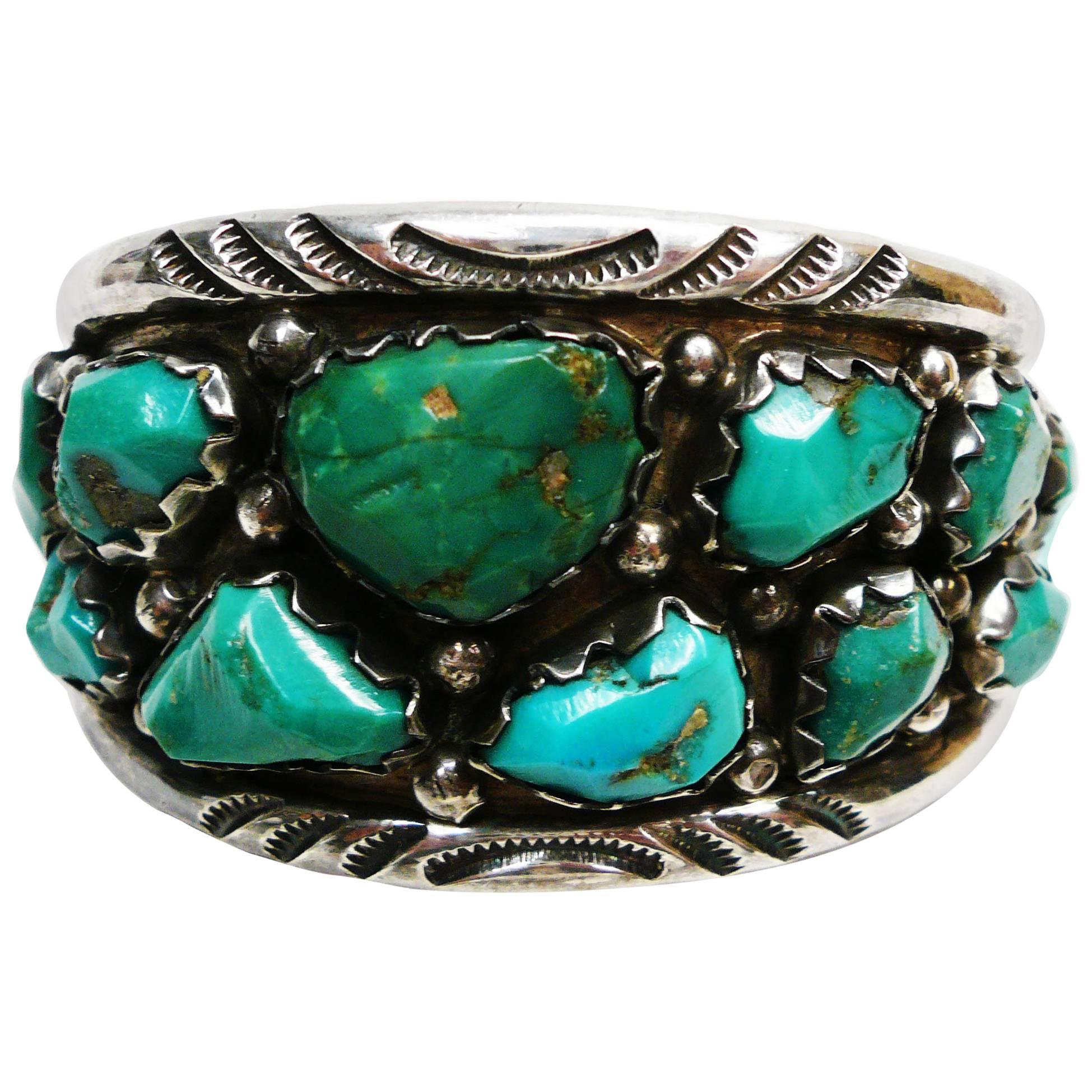 Zuni Native American Wayne Cheama Sterling and Turquoise Cuff Bracelet For Sale