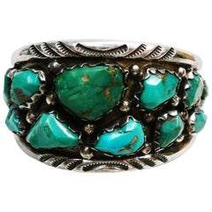 Zuni Native American Wayne Cheama Sterling and Turquoise Cuff Bracelet