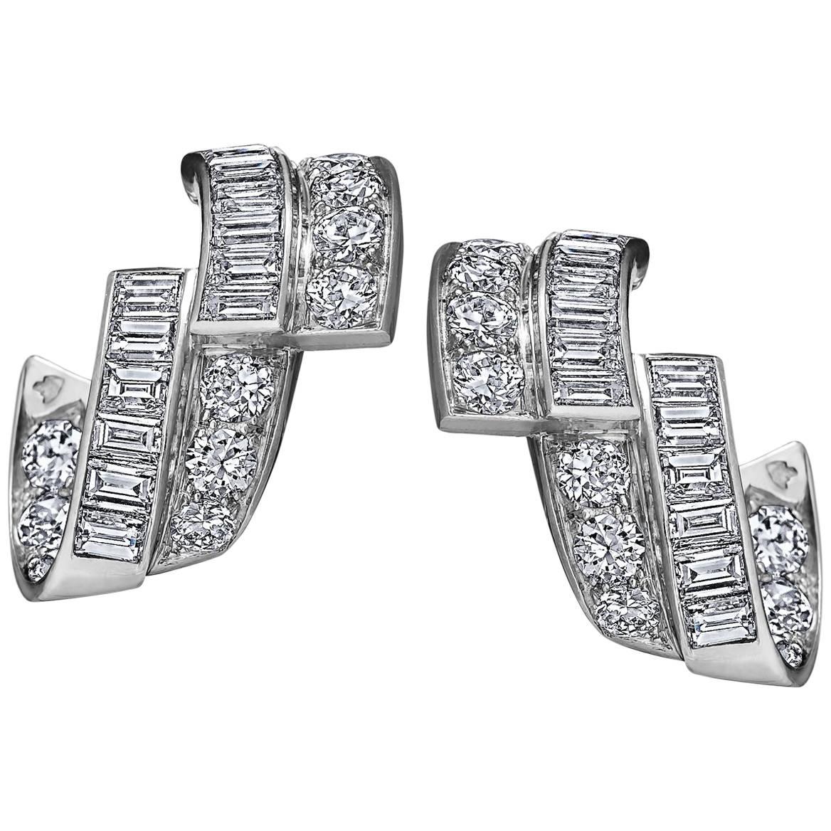 Art Deco Diamond Platinum Ribbon Earrings