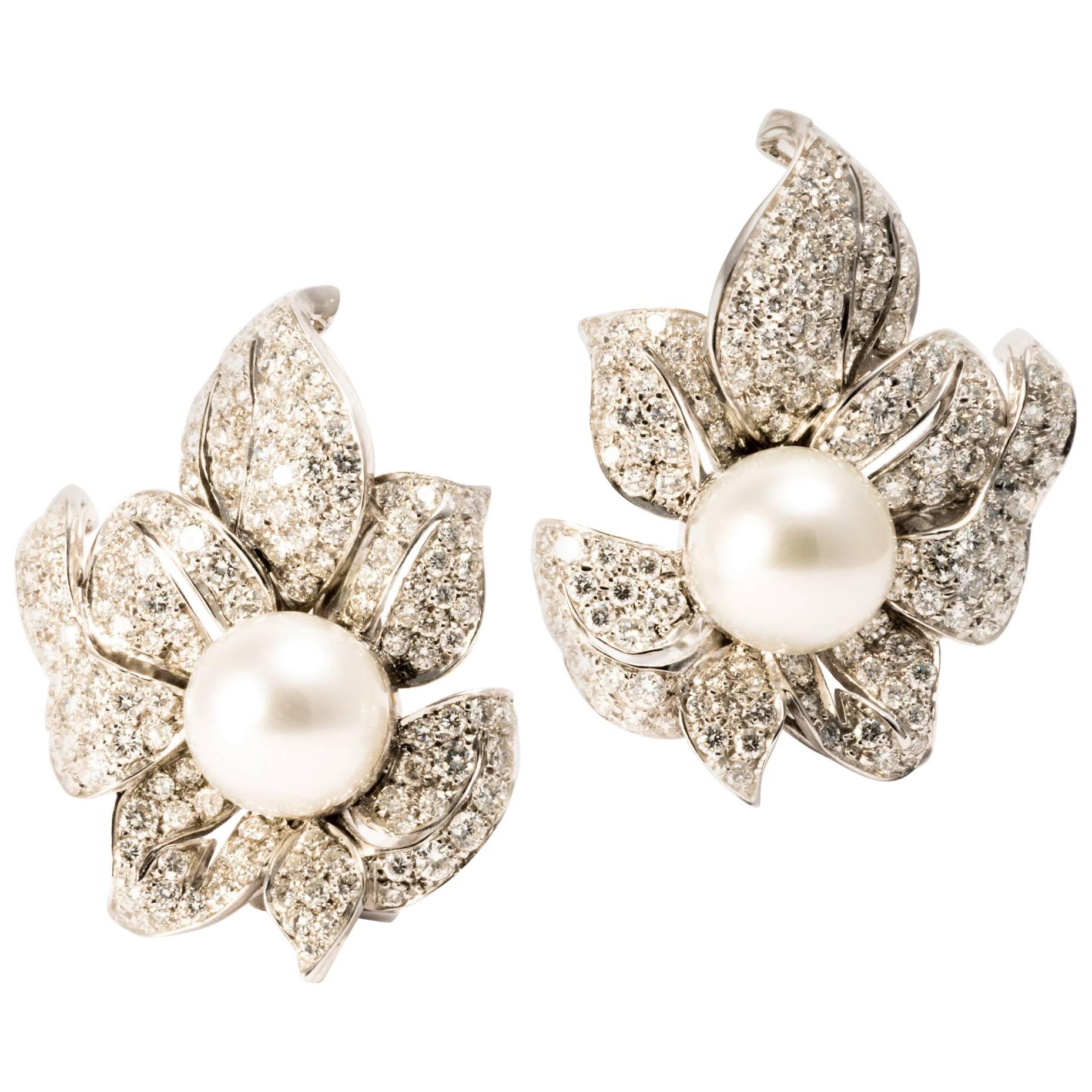 Ansuini Diamonds and Pearls 18K White Gold Orchid Earrings For Sale