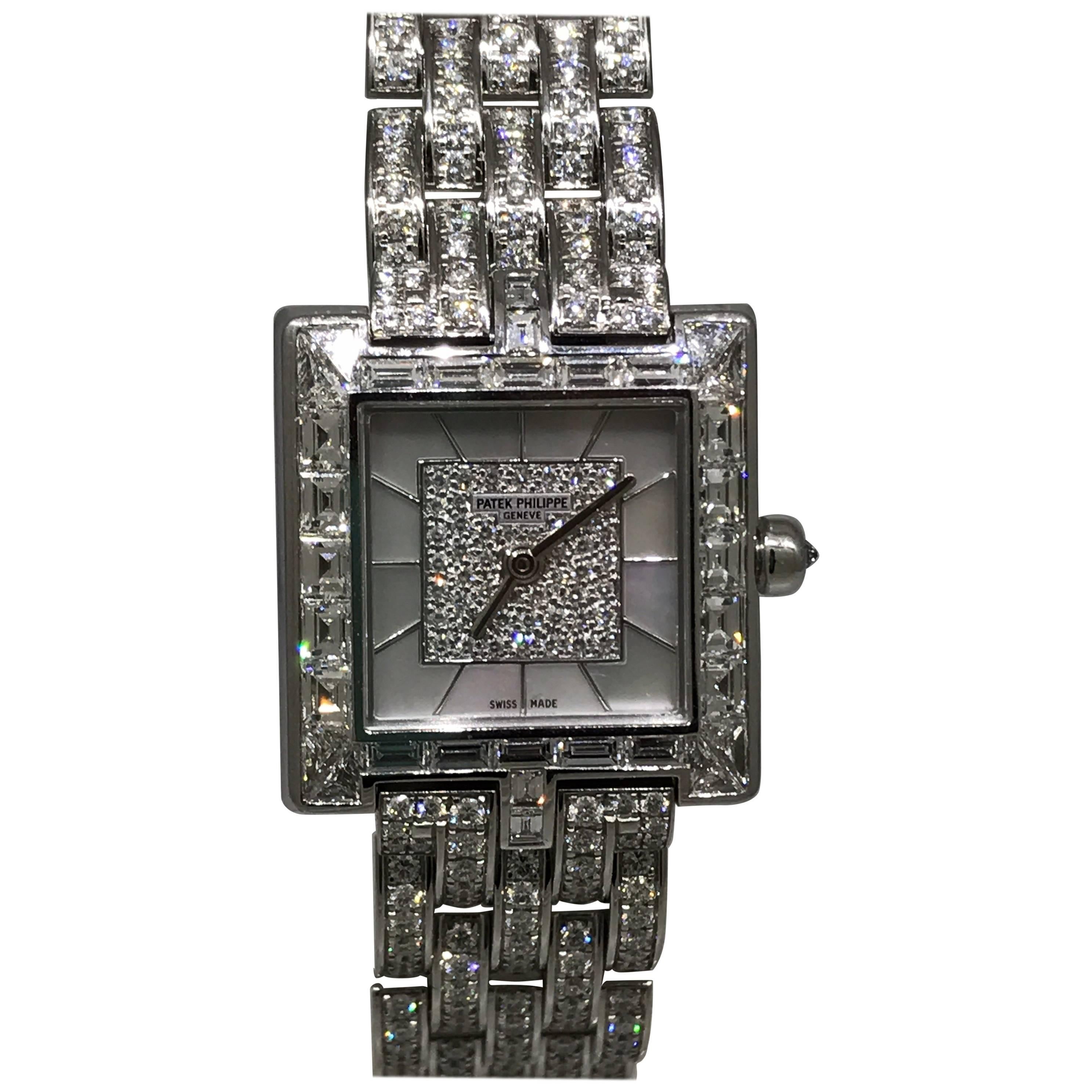 Patek Phillipe Gondolo 18 Karat White Gold & Pave Diamond Lady's Bracelet Watch  For Sale