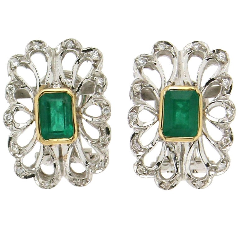 Francoise Montague Opalescent White And Emerald Green Clip Colombian Emeralds 18 Karat White Gold Clip On Earrings