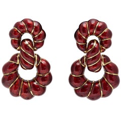 David Webb Gold Red Enamel Ear-Pendants