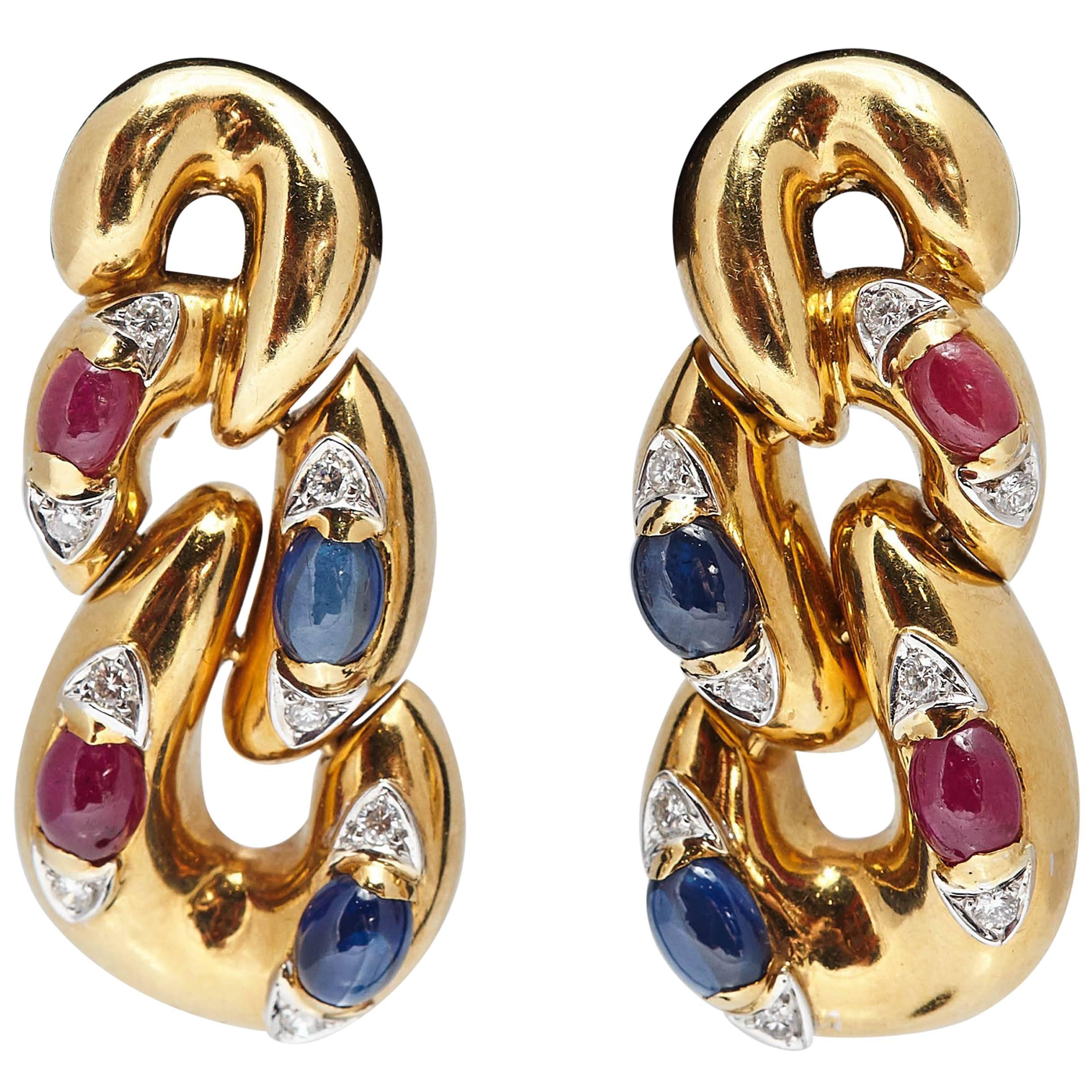 Italian Sapphire Ruby Diamond and Gold Ear Pendants