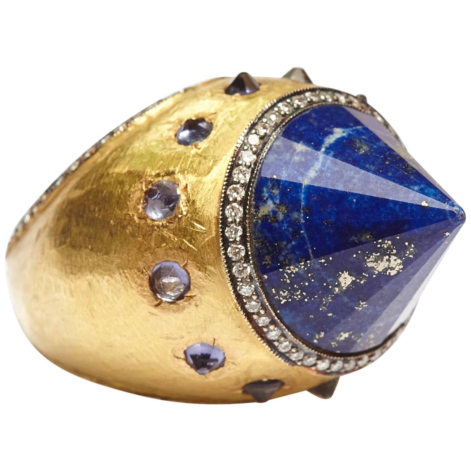  Sodalite Cone Diamond Gold Cocktail Ring