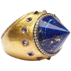  Sodalite Cone Diamond Gold Cocktail Ring