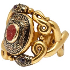 Antique Serpent and Bearded God Enameled Gold Bracelet