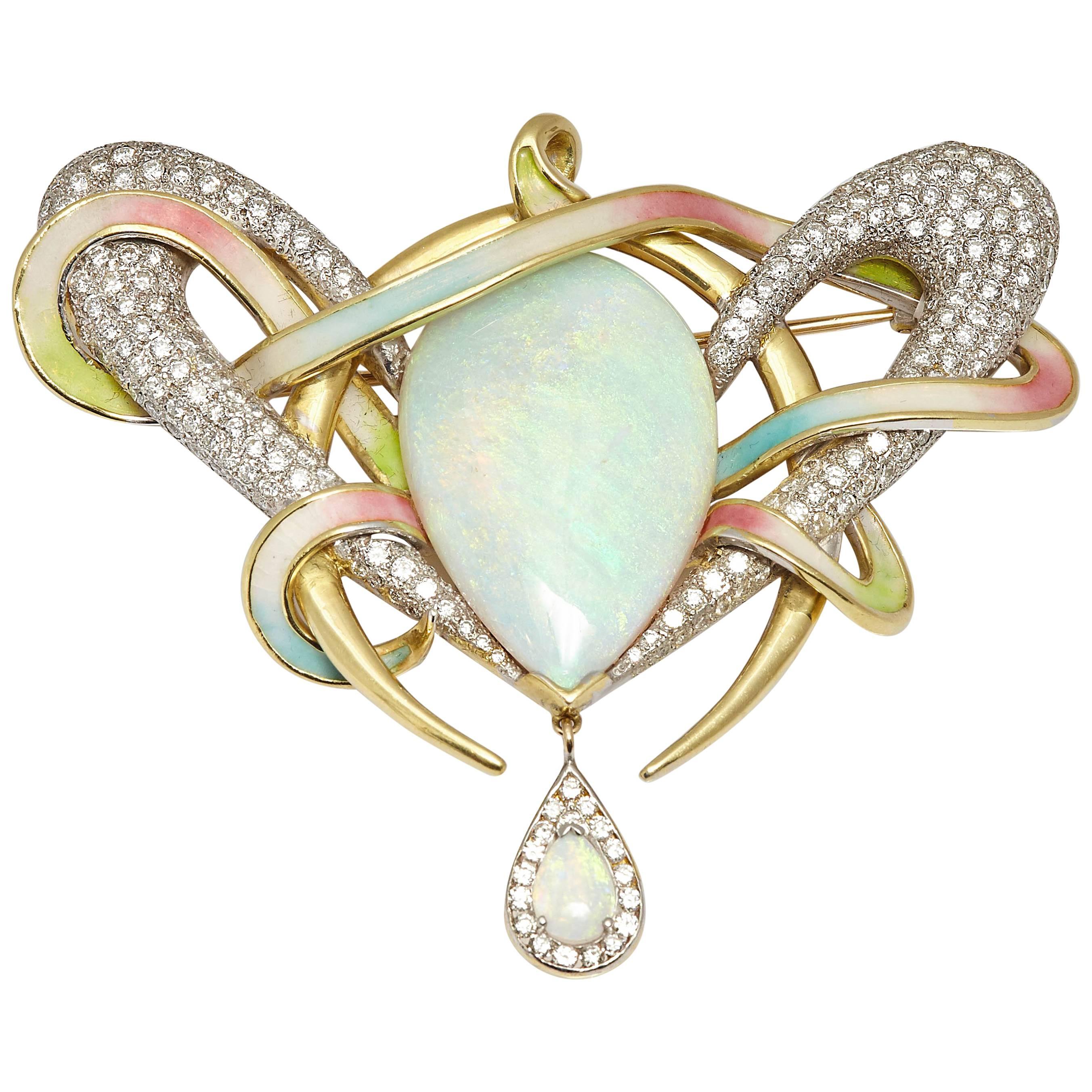 Opal Diamond Enamel Brooch For Sale