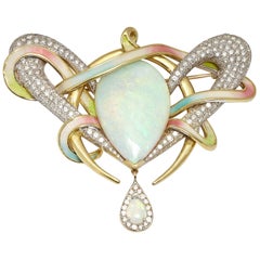 Vintage Opal Diamond Enamel Brooch