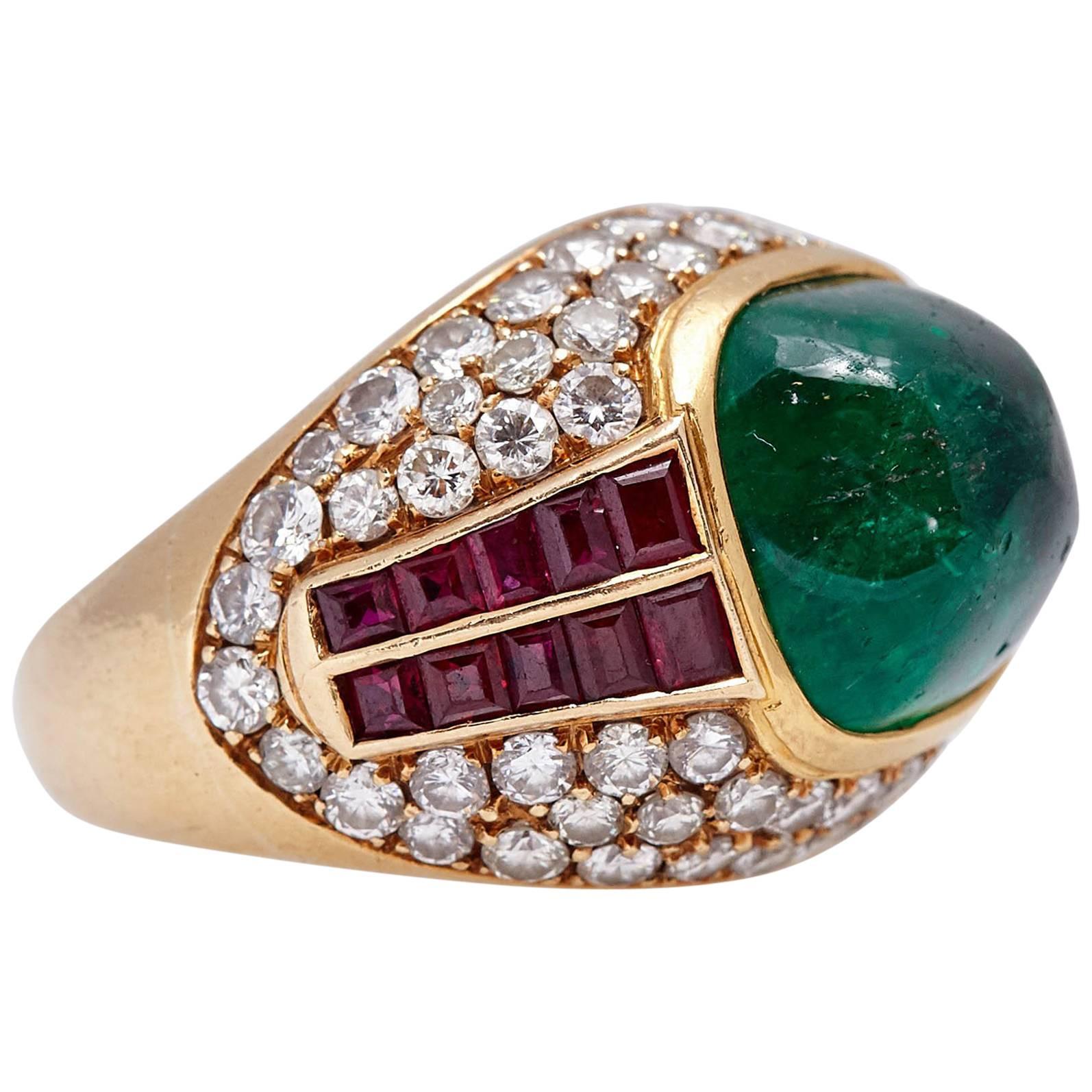 Cabochon Emerald Ruby Diamond Ring