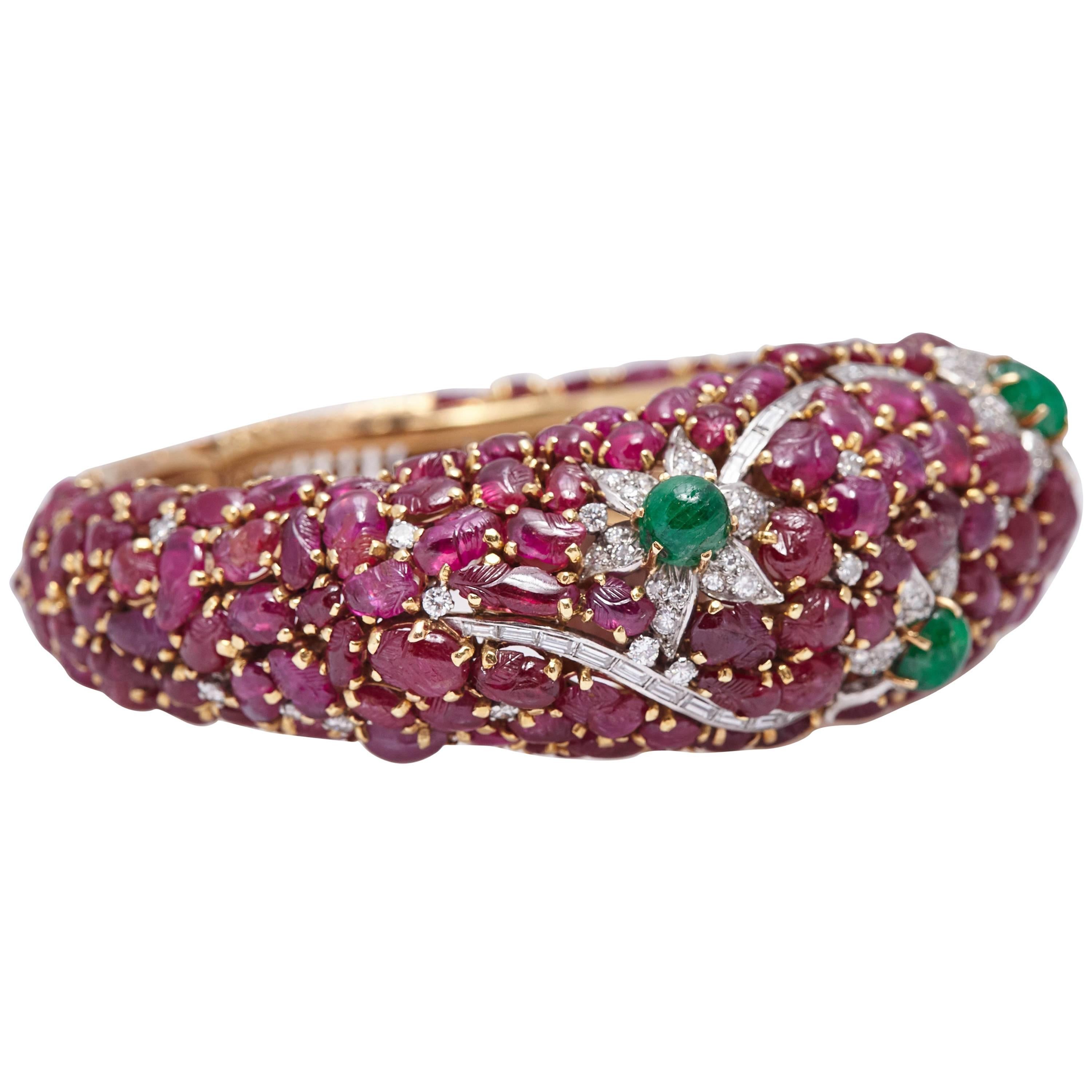 Carved Ruby Emerald and Diamond Cuff Bracelet