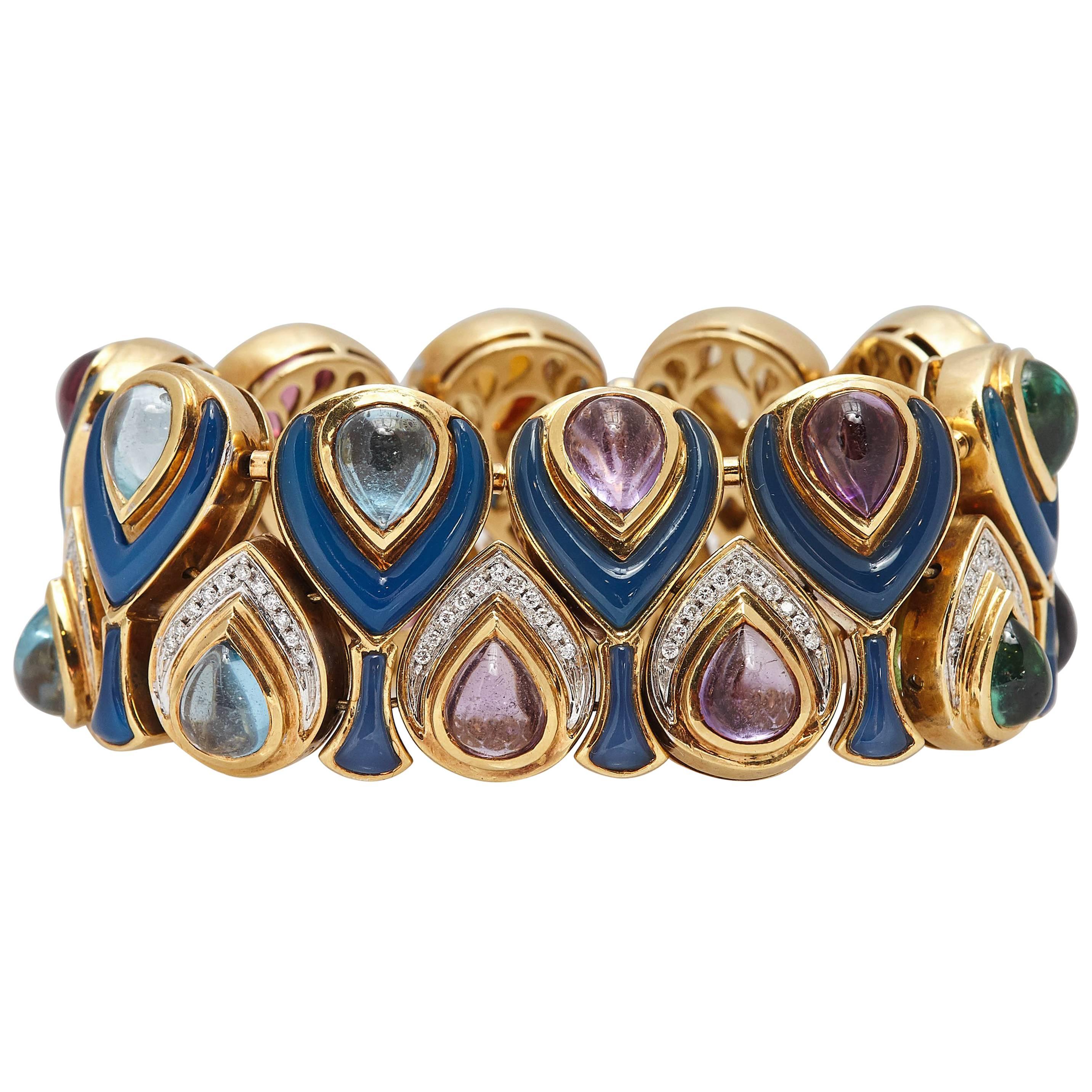 Bulgari Multi-Color Stone Enamel Diamond Gold Bracelet