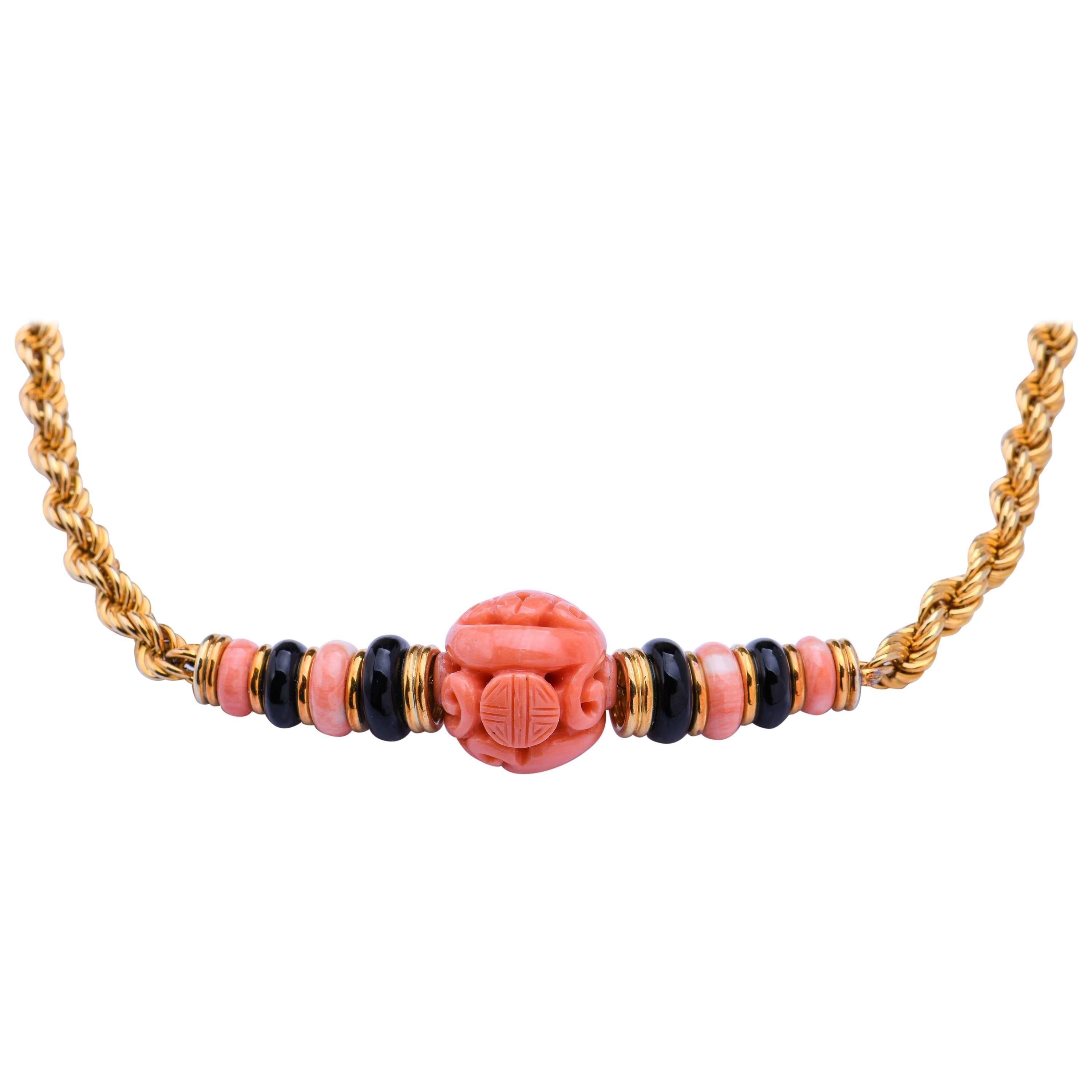 Trio Coral, Onyx and 14 Karat Yellow Gold Necklace