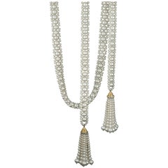 Pearl Sautoir with 14 Karat Gold and Diamond Cup and Pearl Tassels by Marina J.
