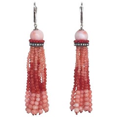 Marina J Two tone Red Coral Tassel Earrings with Diamonds and 14 K White Gold