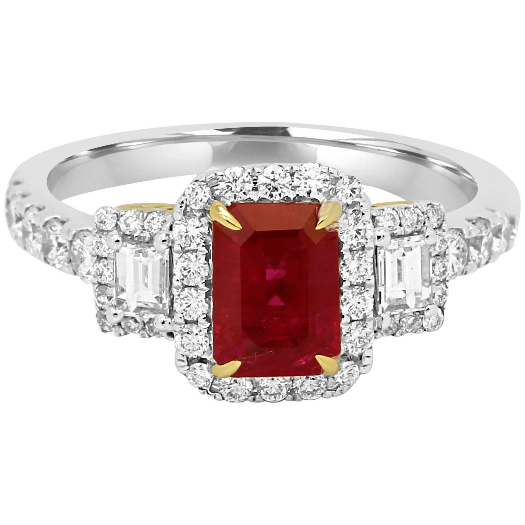 Ruby Diamond Three-Stone Halo Two-Color Gold Bridal Fashion Ring