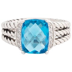 David Yurman Blue Topaz and Diamonds Sterling Silver Petite Wheaton Ring