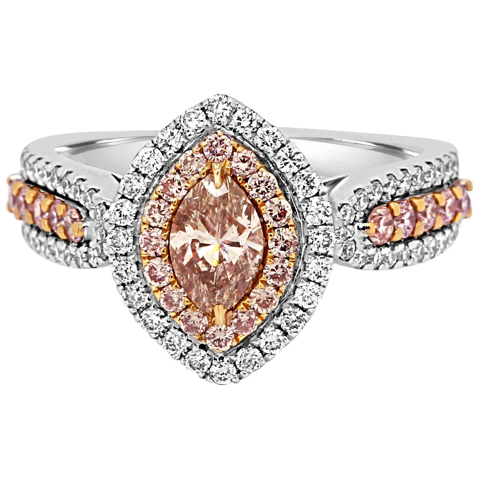 Natural Pink Diamond Double Halo Two-Color Gold Bridal Fashion Ring