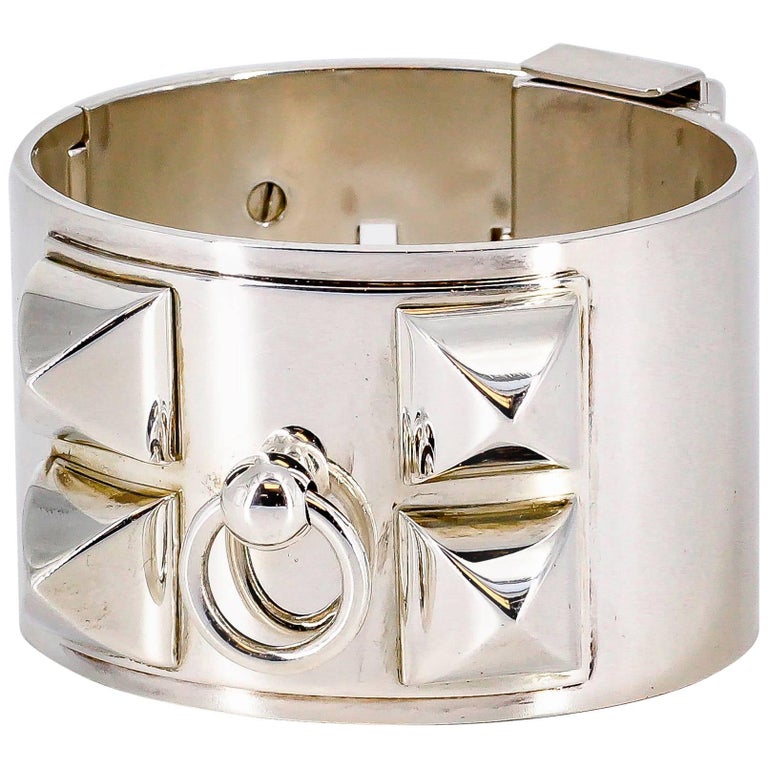 Hermes Leather Palladium Collier De Chien Studded Bracelet Black