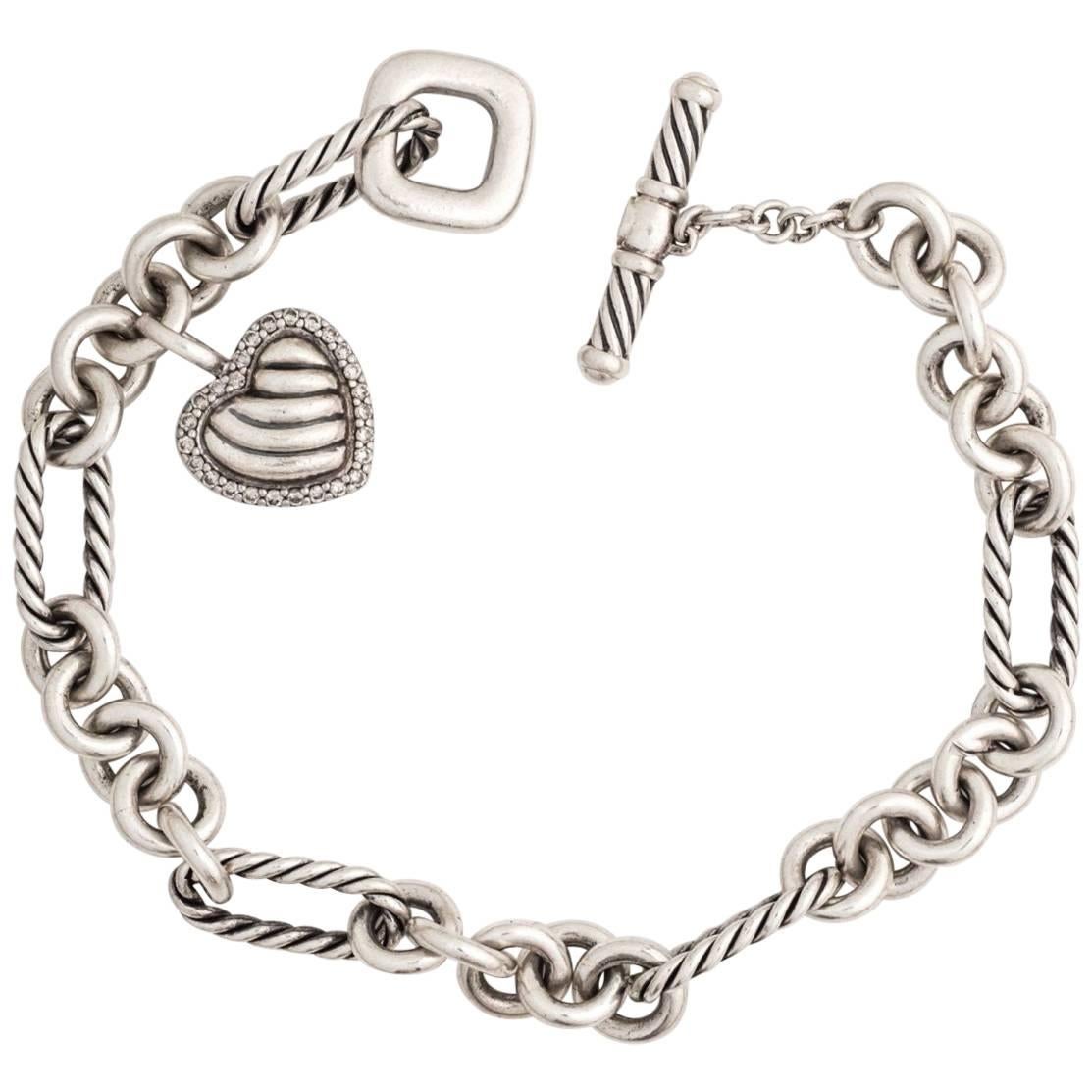 David Yurman Diamond Heart Charm Cable Bracelet in Sterling Silver