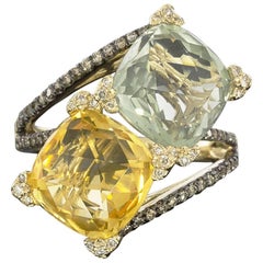 Designer Yellow Gold Royal Citrine Green Amethyst and Diamond Cocktail Ring