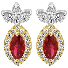 Ruby Diamond Halo Two-Color Gold Drop Earring