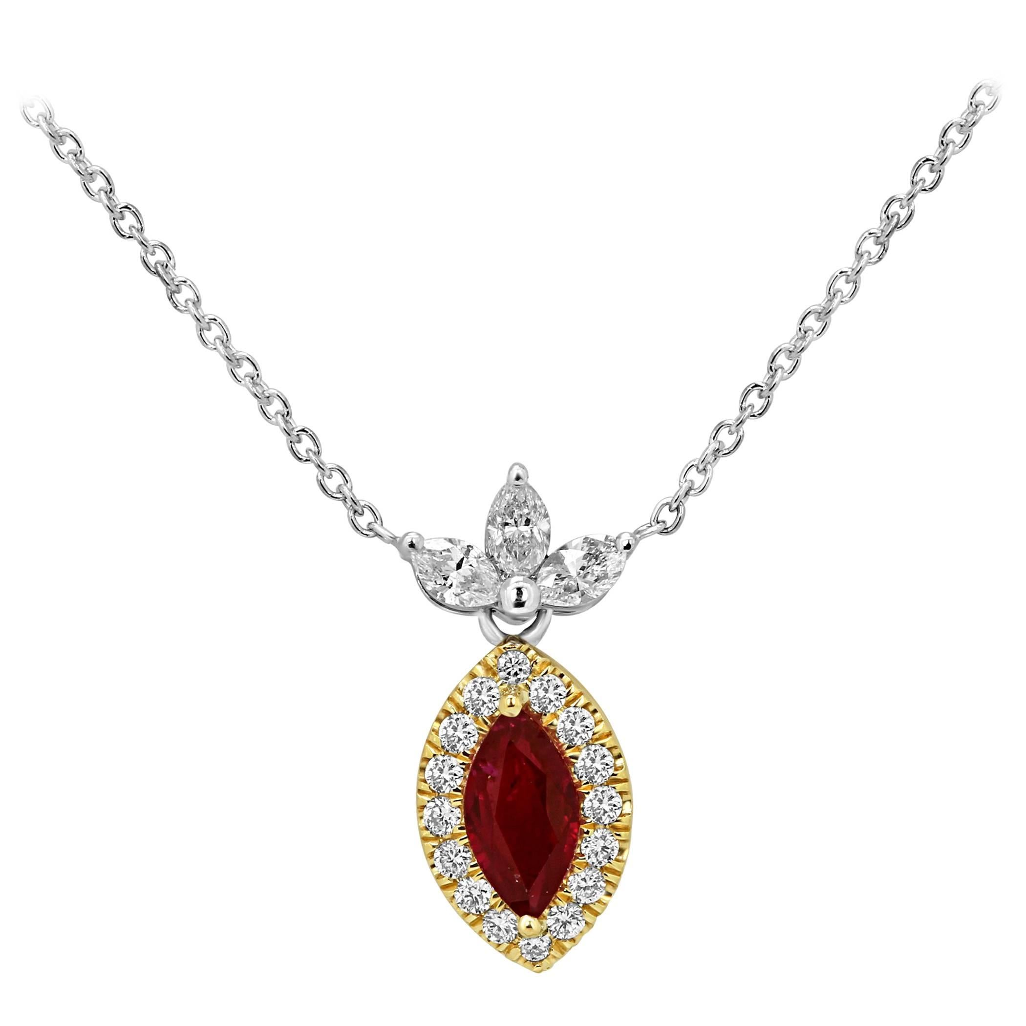 Stunning Ruby Marquise 0.86 Carat encircled in a single Halo of white round diamonds 0.22 carat with 3 White Diamond Marquise 0.22 Carat on top in 18K White and Yellow Gold Necklace.
Matching Ear Ring Sold Separately on 1stdibs.

MADE IN USA
Total