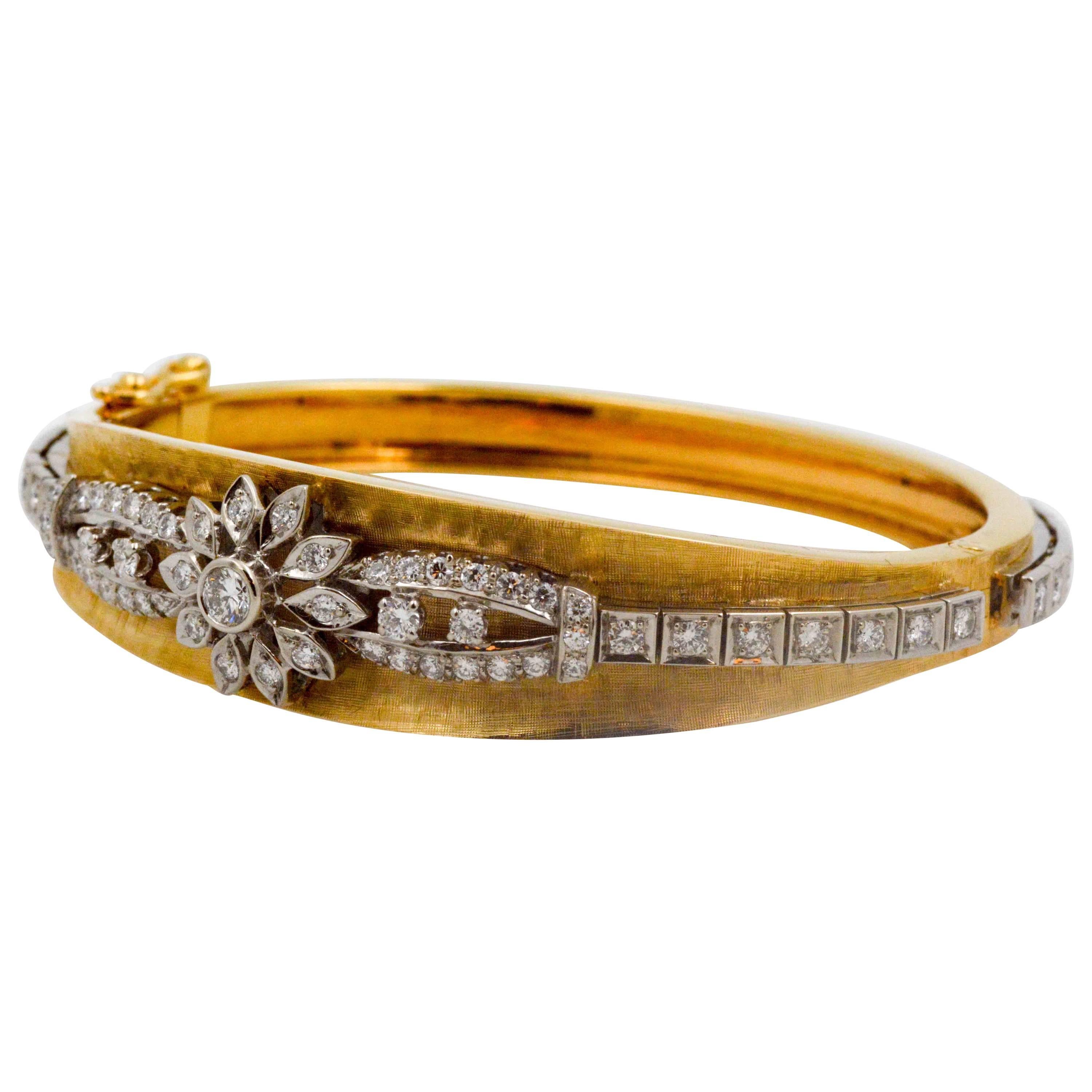 14 Karat Yellow Gold Cuff Bangle Bracelet 1.75 Carat Diamonds