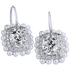 H & H 2.52 Carat Old Mine Cushion Cut Diamond and Akoya Pearl Earrings