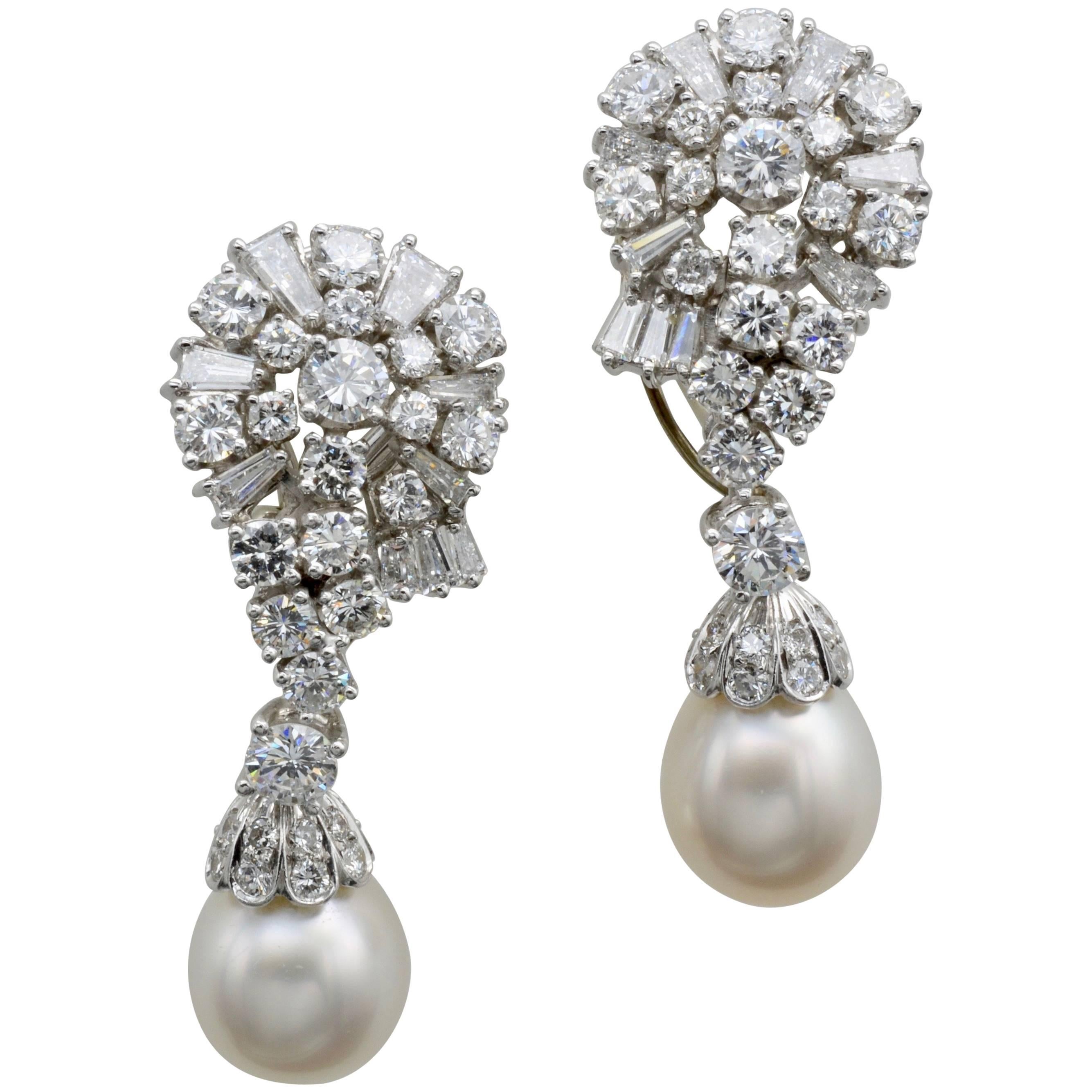Pearl and Diamond Drop Earrings in White Gold with Removable Pearls