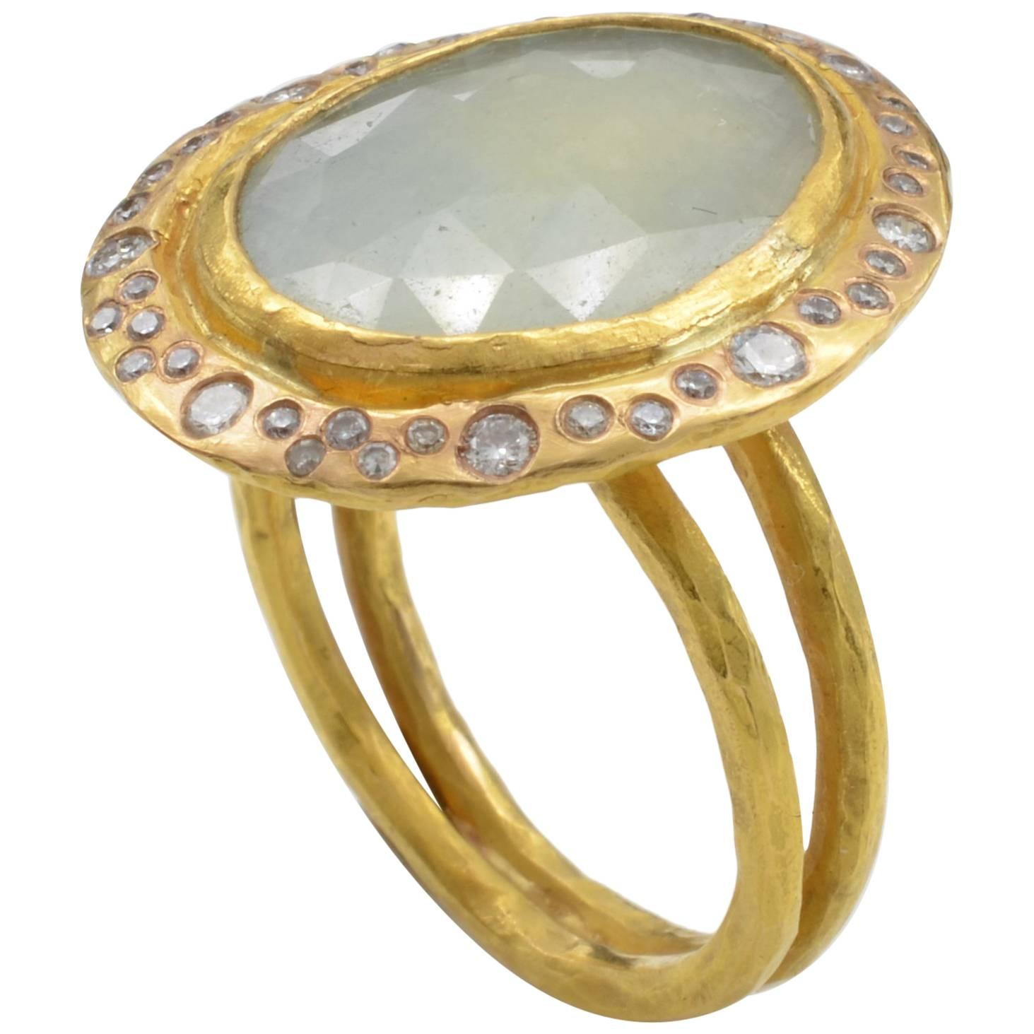 Sapphire Light Green Diamond Ring Yellow Gold Organic Romantic