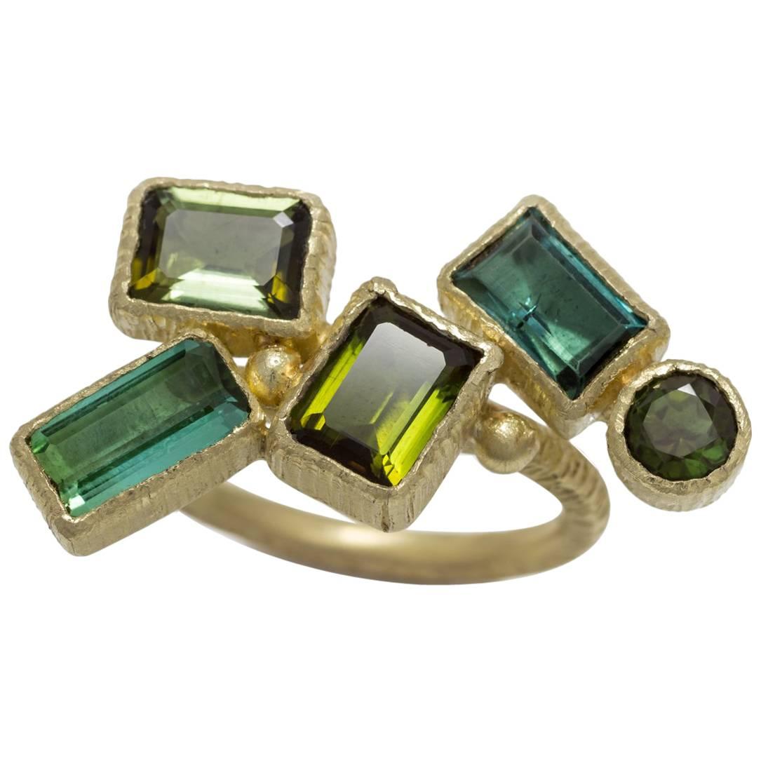 Green Tourmaline Contemporary Green Gold Geometrical Ring For Sale