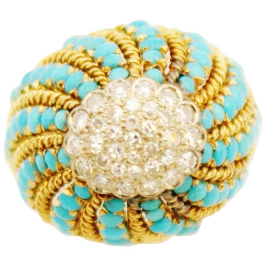 Retro Gold Turquoise and Diamond Bombe Cocktail Ring For Sale