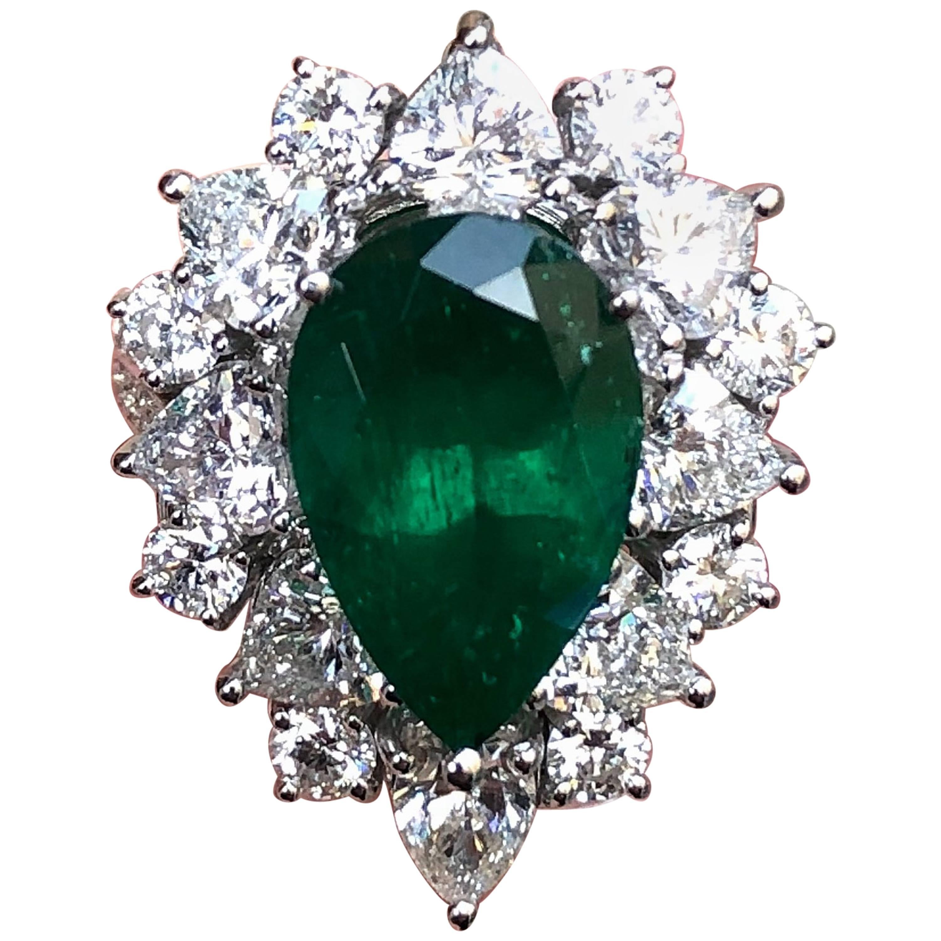 Fine, Pear Cut, Colombian Emerald Ring with Detachable Diamond Adorned Shank For Sale