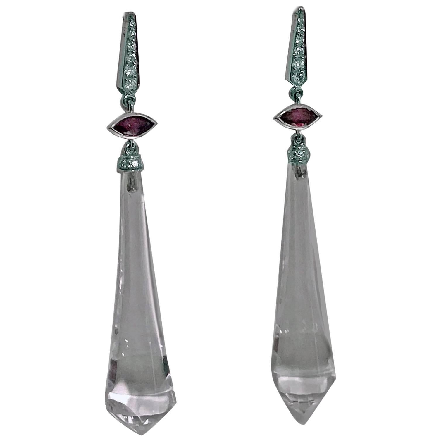 Rock Crystal Diamond Ruby Drop Earrings