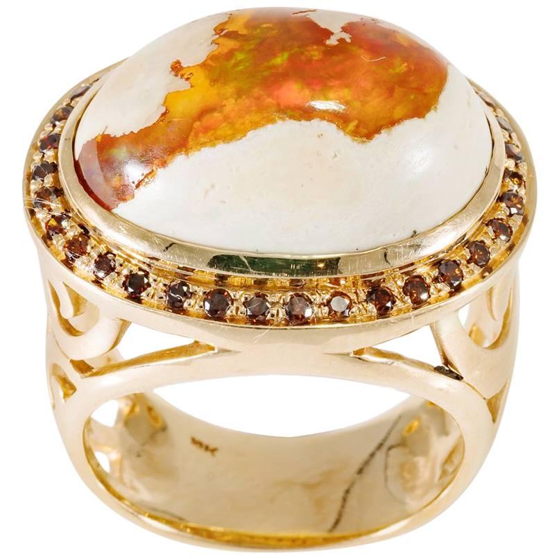 Fire Opal and 18 Karat Diamond Ring