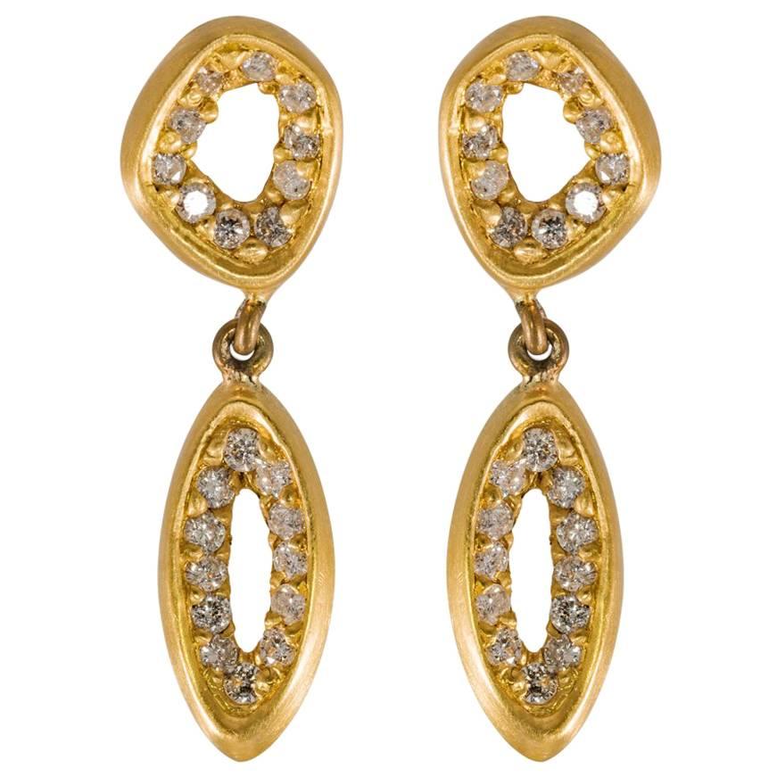 Diamond Earrings Drop 18K Yellow Gold Modern Organic For Sale