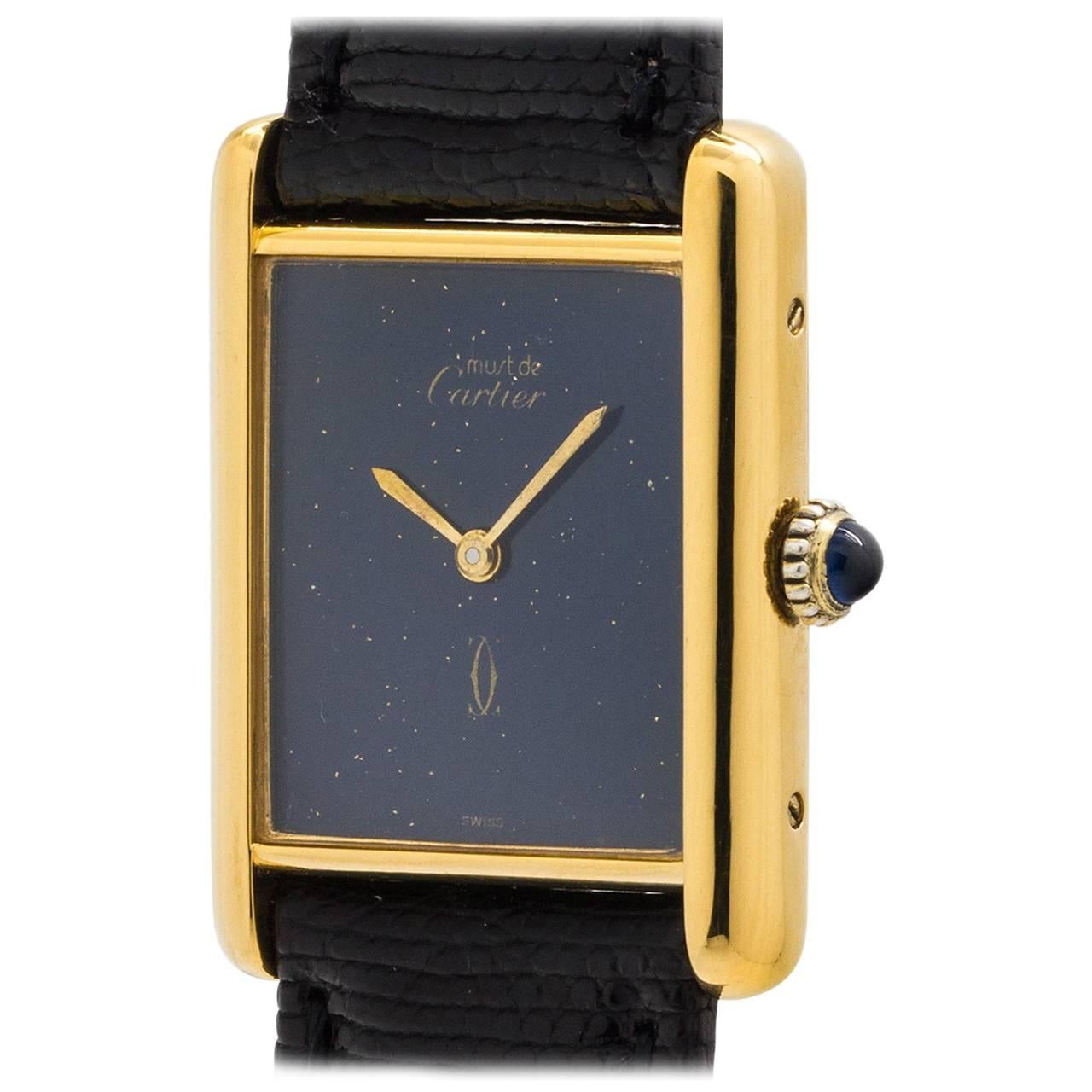 Cartier Vermeil Lapis Dial Tank Louis Manual Wristwatch, circa 1970s