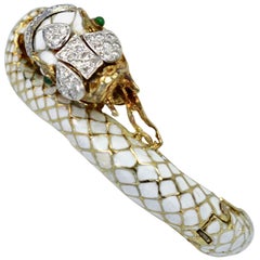 Vintage White Enamel Snake Serpent Bracelet Diamonds Emerald Eyes