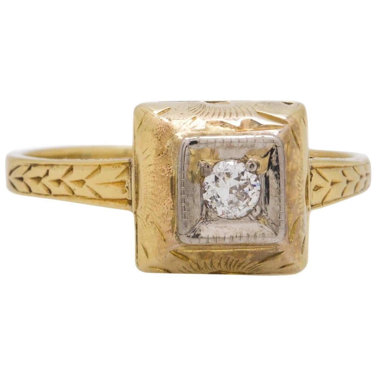 Vintage Engagement Ring 14 Karat 0.10 Carat OEC J-I2, circa 1920s For Sale