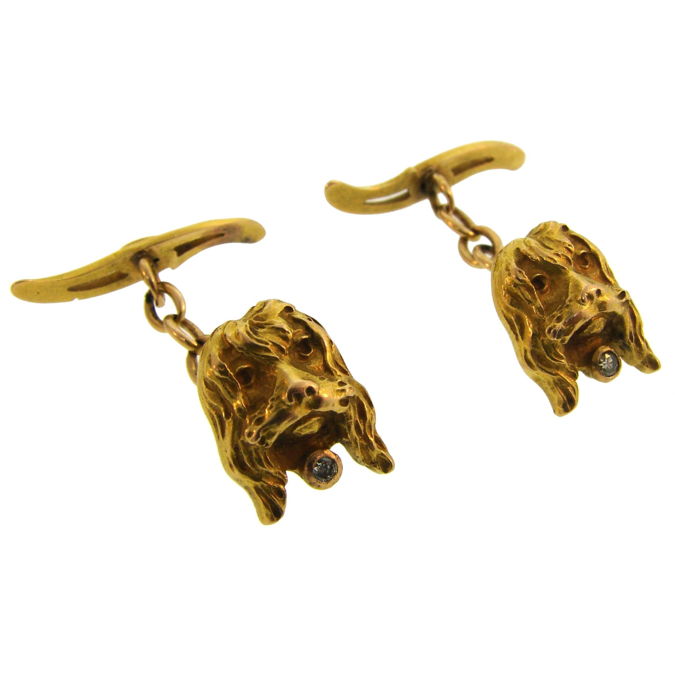 Cute and fun spaniel dog cufflinks. Elegant and wearable, the vintage cufflinks are a great addition to your jewelry and accessories collection. 
Made of 14 karat (tested) yellow gold and accented with round faceted diamond.
The spaniel's heads