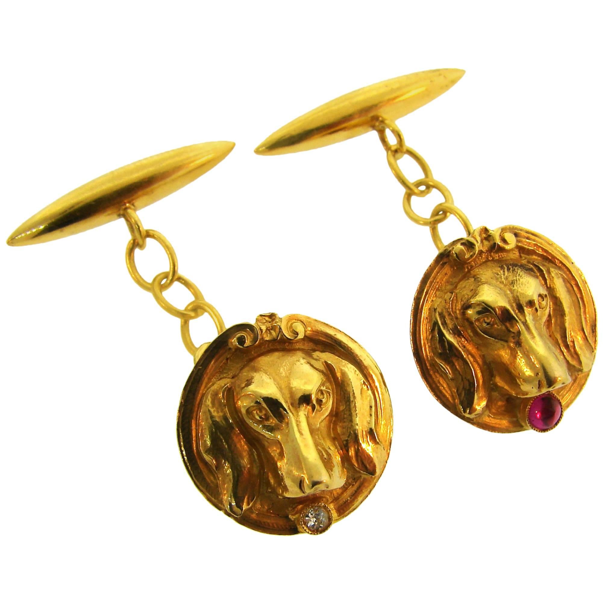 Victorian Diamond Ruby Yellow Gold Dog Cufflinks