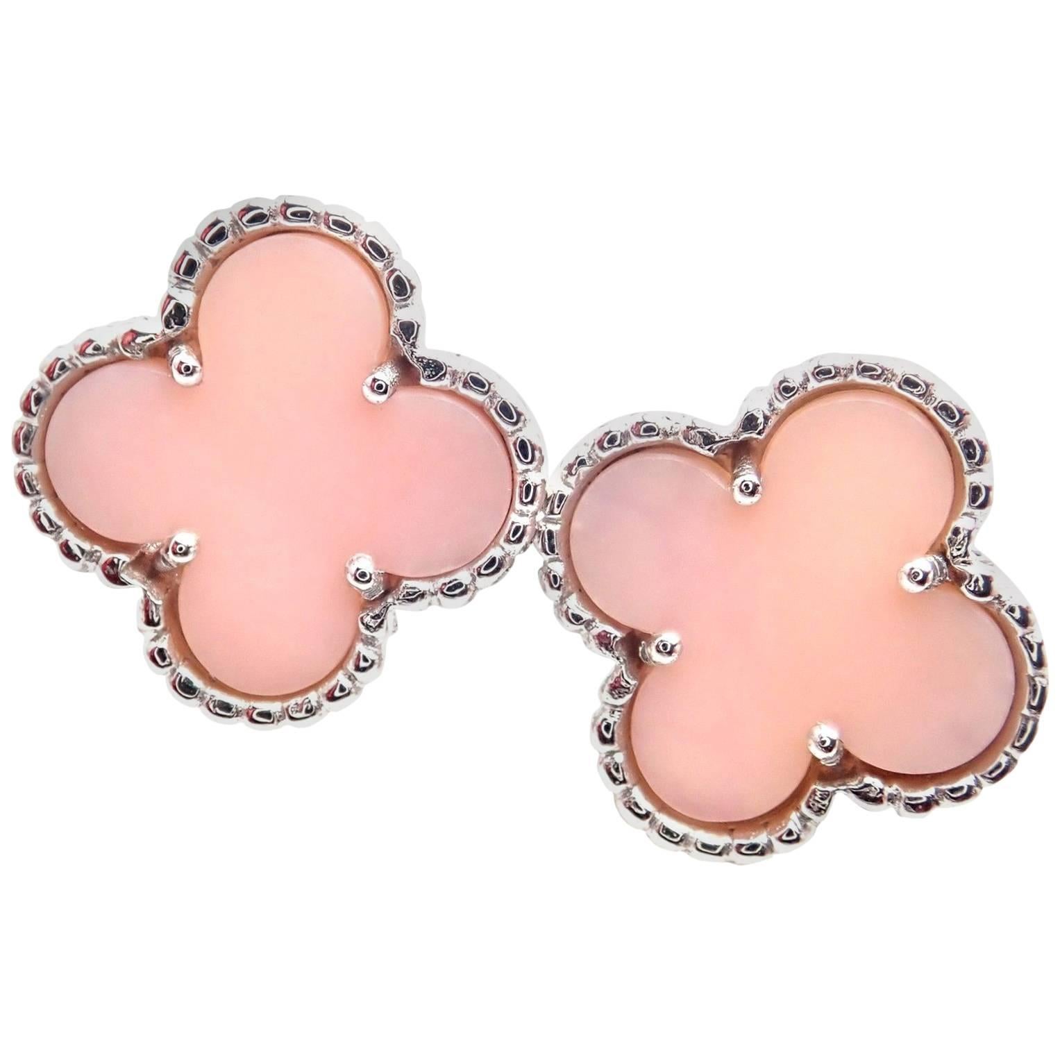 Van Cleef & Arpels Vintage Alhambra Pink Opal White Gold Earrings