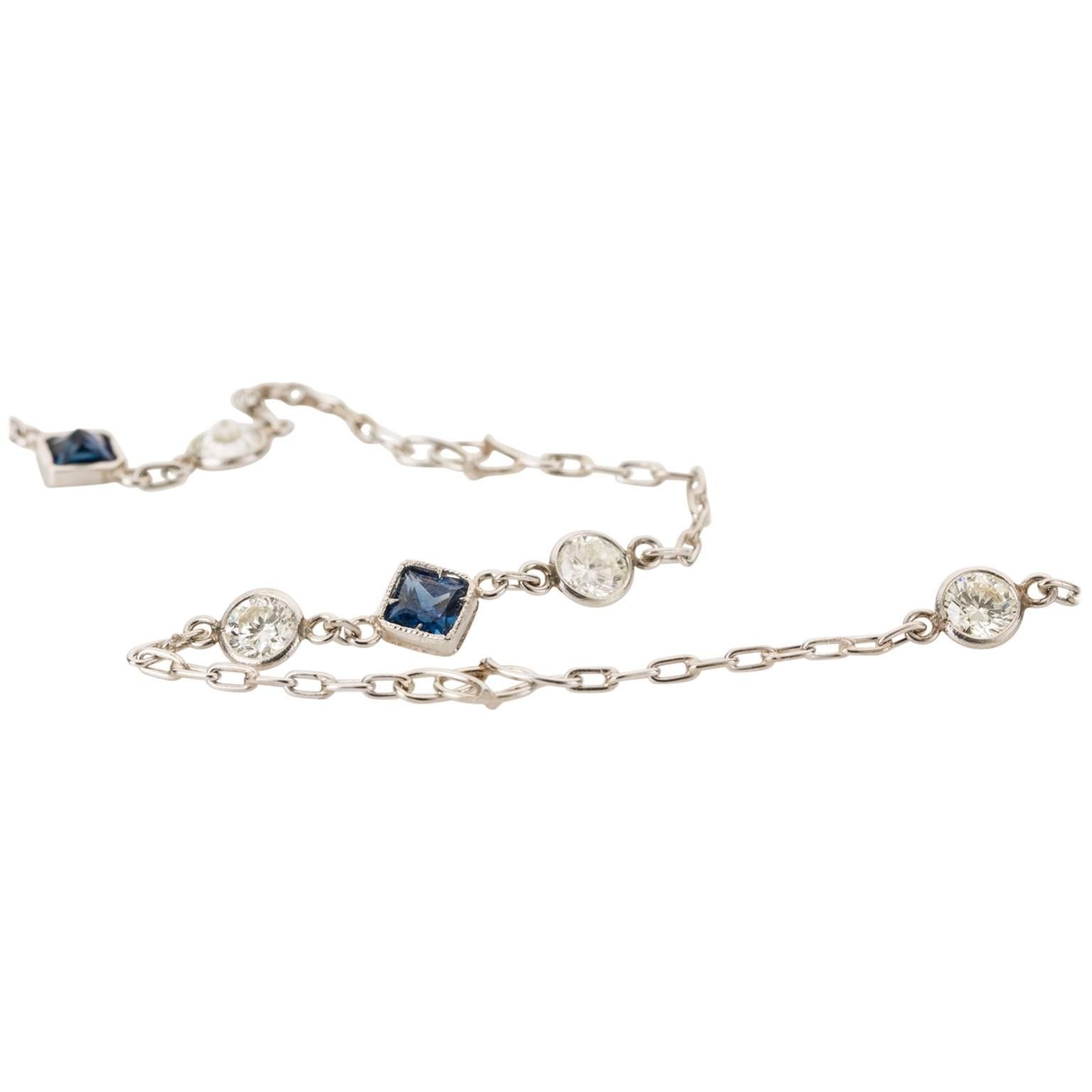 Platinum Round Diamond Blue Sapphire Chain Necklace  For Sale