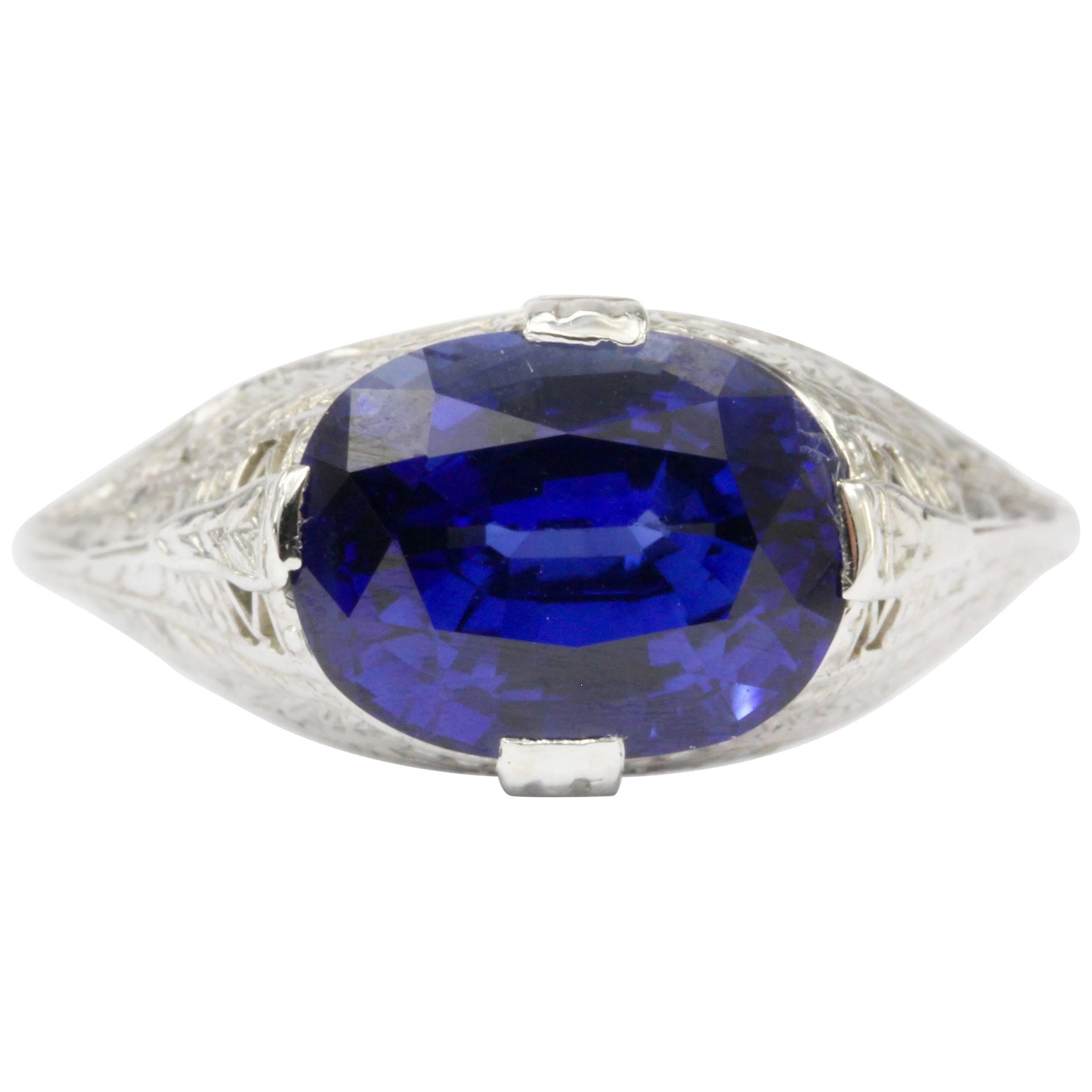 Art Deco White Gold 4.09 Carat Natural Gia Royal Blue Sapphire Ring
