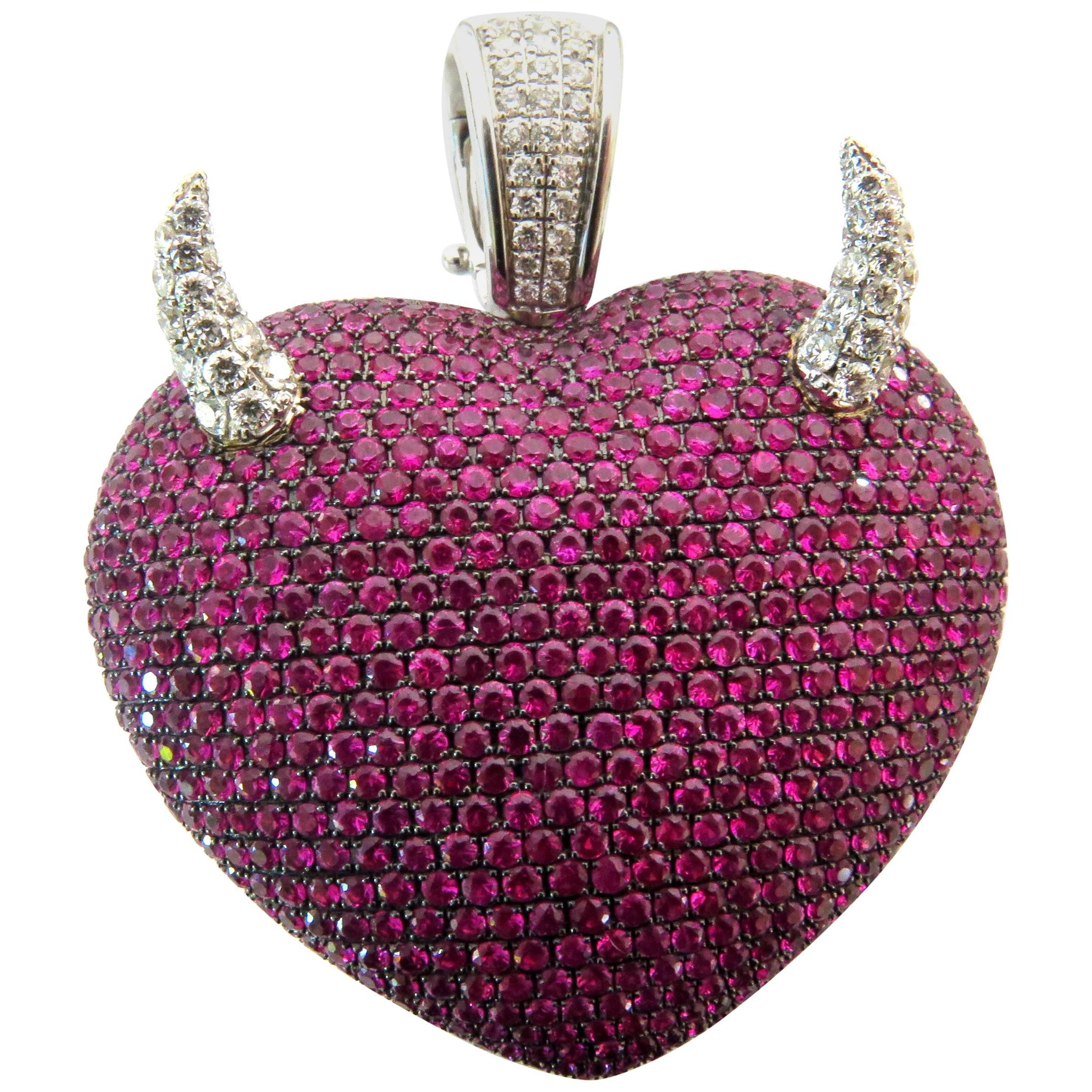 Spectacular Theo Fennell Large Ruby Heart with Diamond Horns Gold Pendant Charm For Sale