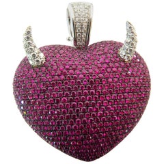 Spectacular Theo Fennell Large Ruby Heart with Diamond Horns Gold Pendant Charm