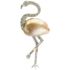 Art Deco Diamond Pearl Platinum Flamingo Brooch Pin
