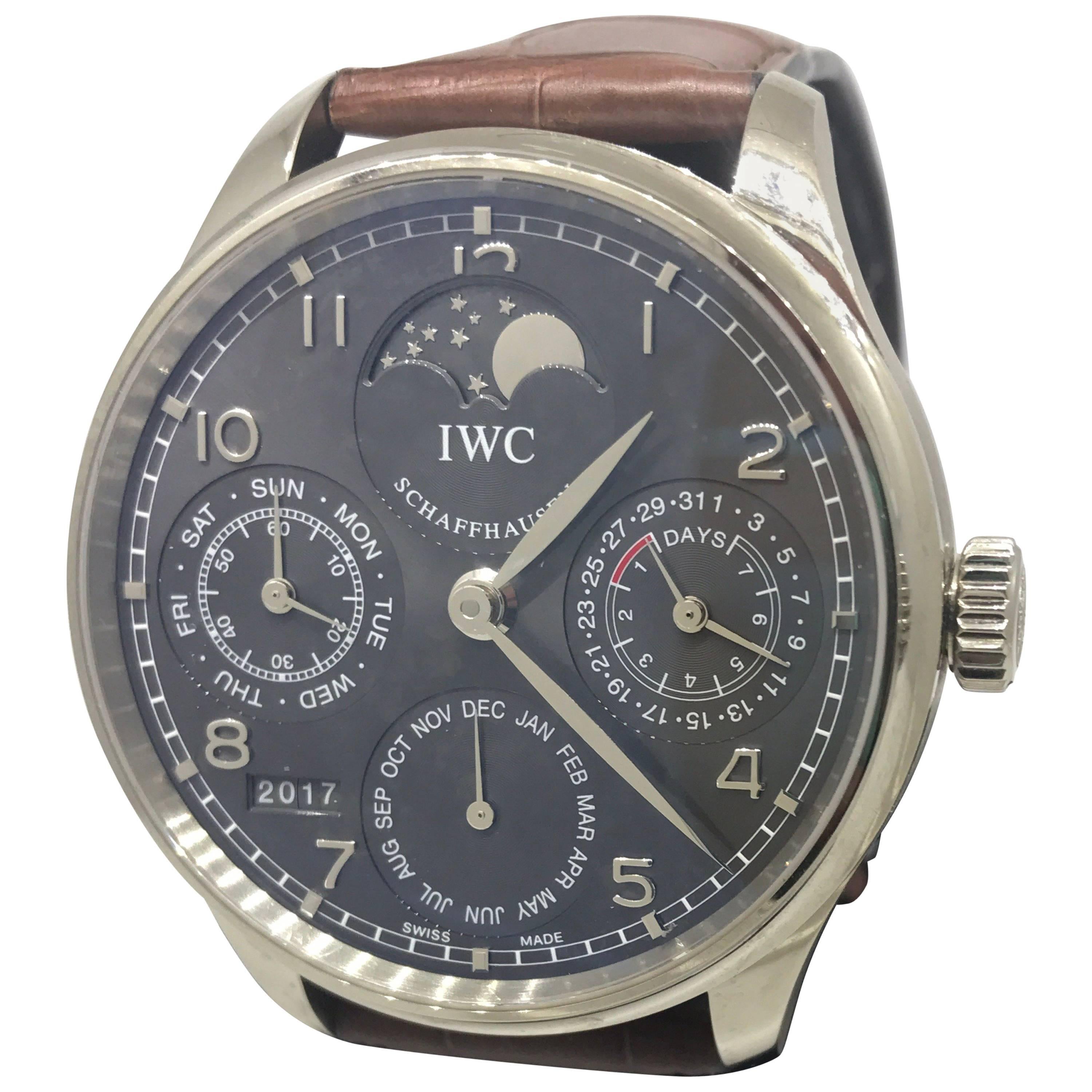 IWC Portuguese Perpetual Calendar Automatic White Gold Grey Dial Watch IW302507 For Sale